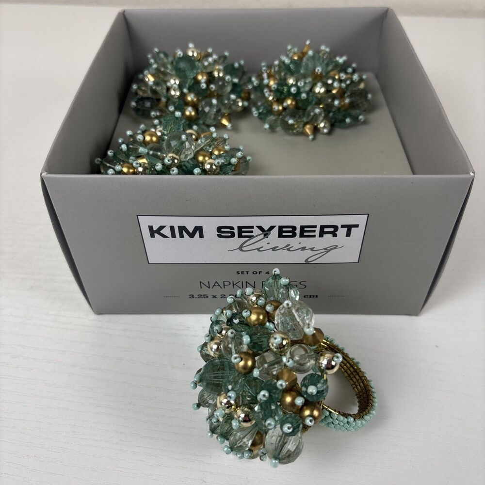 Kim Seybert Crystal Constellation Seafoam Beaded Cluster Napkin Rings Aqua Mint